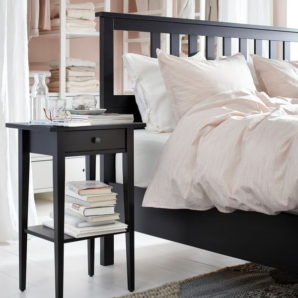 Bedside table HEMNES black solid wood, rectangular, simple design with drawer and shelf.