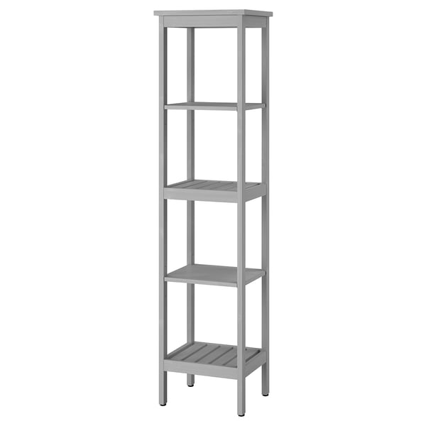 HEMNES tall grey shelf; slim open design; pine wood with clear lacquer finish.