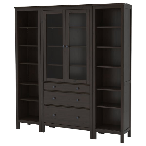 Black HEMNES bookcase with glass doors, solid pine wood, adjustable shelves, three drawers.