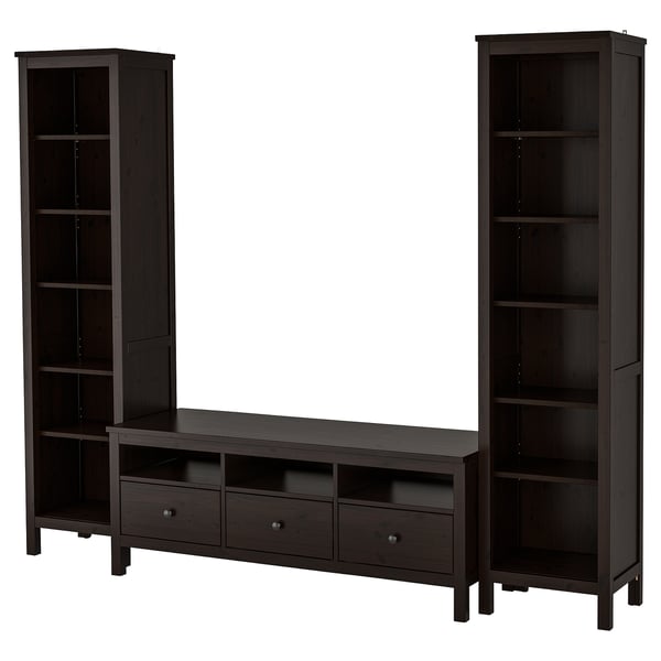 Two dark brown wooden bookshelves flanking a long, low tv bench with drawers and open shelves. Classic and sturdy.