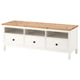 White HEMNES pine wood bench, 3 drawers, rectangular, natural finish.