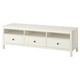 White HEMNES tv stand: rectangular, 3 drawers, 2 open shelves, solid pine wood.