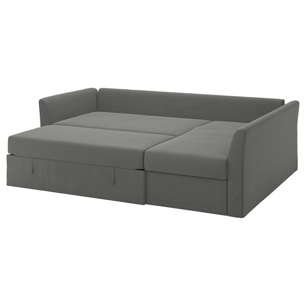 A grey HOLMSUND sofa-bed with storage, convertible for sleep, featuring a streamlined design and upholstered in recycled fabric.