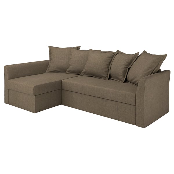 HOLMSUND sofa in grey, l-shaped, with cushions, convertible to bed, textured fabric.