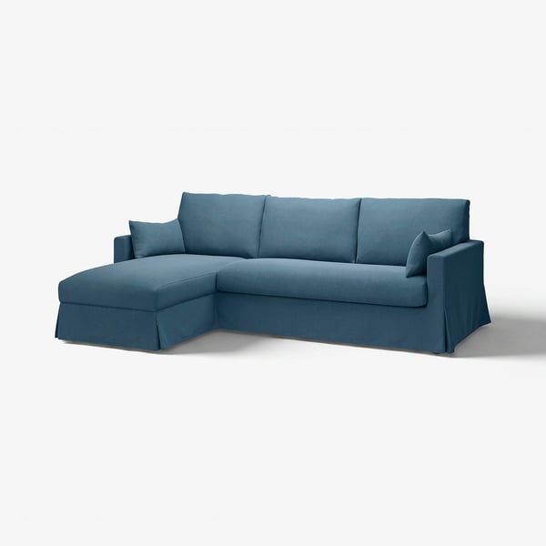 HYLTARP blue sectional sofa, modern, plush fabric, l-shape with storage, soft cushions.