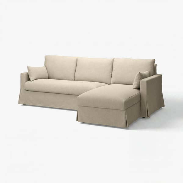 Modern beige sectional sofa with chaise, clean lines, soft cushions, and storage.
