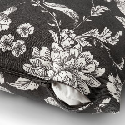 Black and white floral-patterned cushion cover with zip. Flowers and leaves design, fits 50x50 cm cushions.