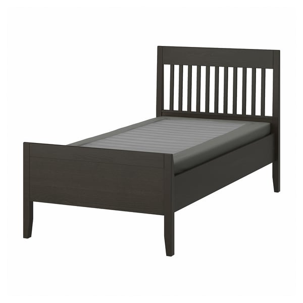 A dark grey IDANÄS wooden bed frame with a headboard and footboard featuring vertical slats. It includes a matching mattress base with a grey cover.