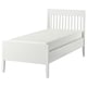 White wooden bed with tall, slatted headboard and simple, clean lines. Ideal for minimalist room decor.