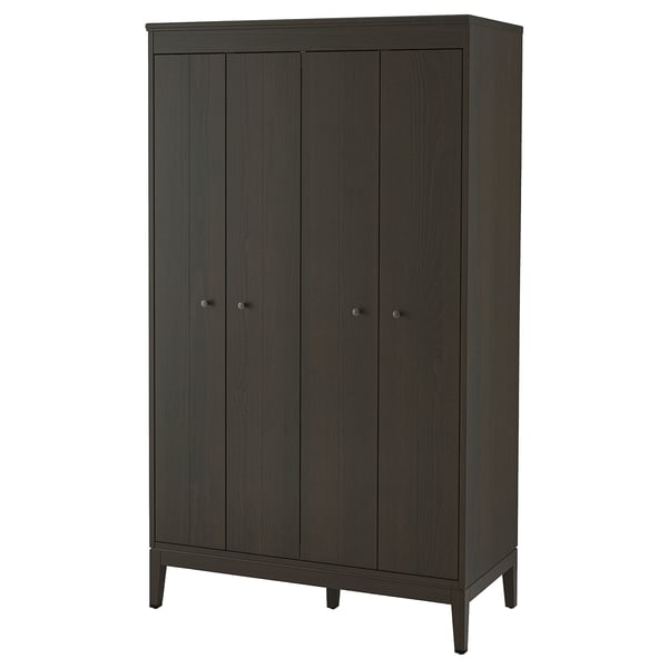 A tall, dark brown IDANÄS wardrobe with bifold doors, standing on four legs. It offers modern and timeless storage with adjustable shelves.