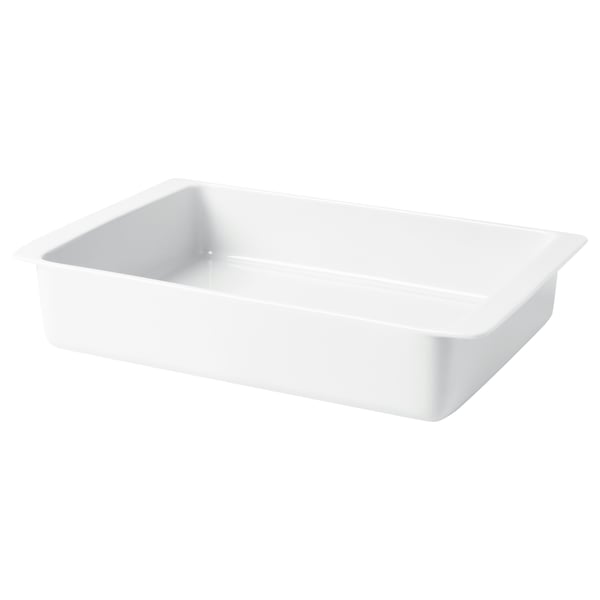 This is a white IKEA 365+ large oven dish. Its made of durable feldspar porcelain, featuring a timeless shape and practical handles for easy carrying.