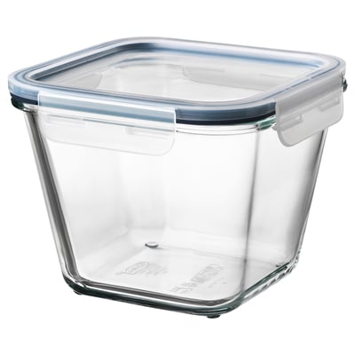 IKEA 365+ clear glass container with blue lid, square shape and snap-lock design for storage or transport.