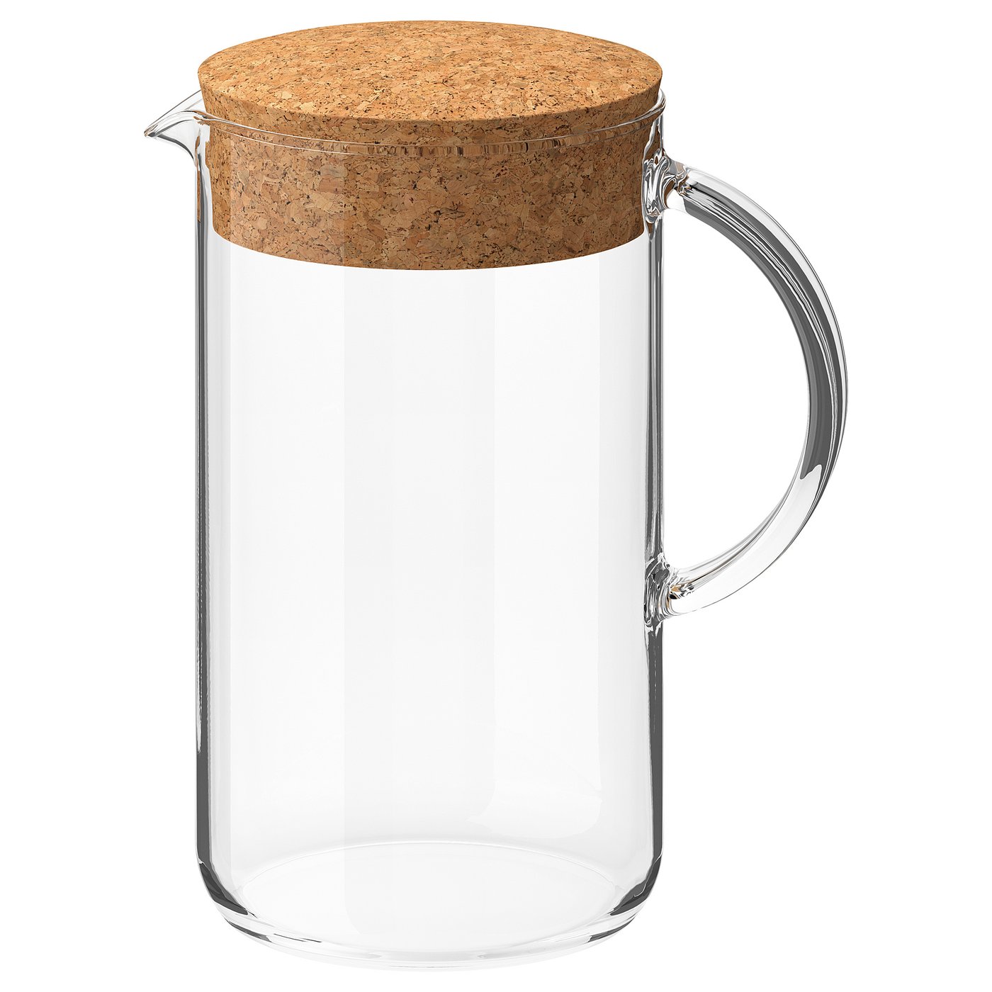 IKEA 365+ clear glass pitcher with cork lid, round body and handle.