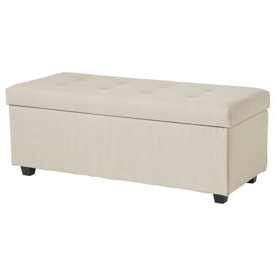 INNDYR storage bench, beige, rectangular, tufted, fabric, wooden legs.