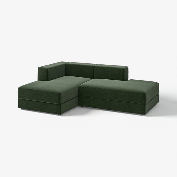 Dark green l-shaped sofa with modern design and removable cover.