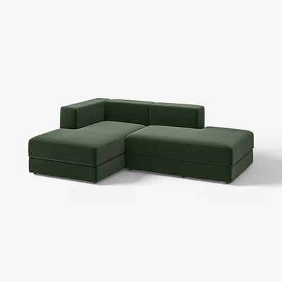 Dark green l-shaped sofa with modern design and removable cover.