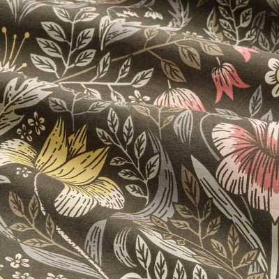Floral patterned fabric, high-quality texture, intricate leaf and flower designs, rich earthy tones, dense weave, natural material feel.