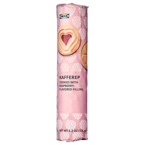 IKEA KAFFEREP: pink cylindrical package of raspberry-filled cookies. 6. 2 oz.