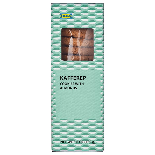 IKEA KAFFEREP cookies box with almonds. Green patterned packaging, 5. 6 oz.