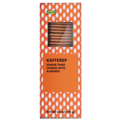 Orange boxed IKEA KAFFEREP ginger thins with almonds. Perfect for coffee breaks.