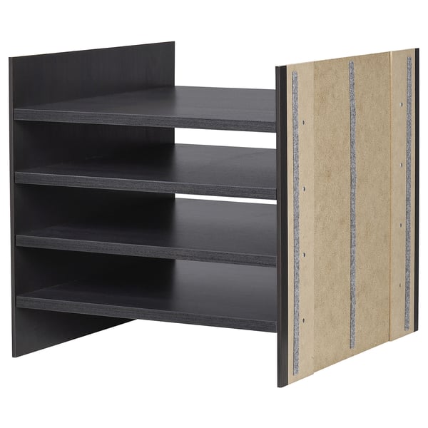 Black KALLAX shelving unit with 4 shelves, sides made of fiberboard and central divider.