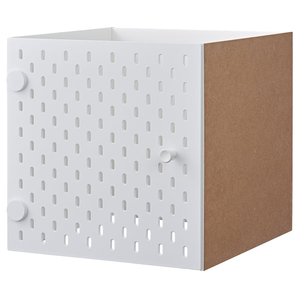 A white KALLAX cube storage unit with a perforated front and cork back, designed for organising items and pinning notes or photos.