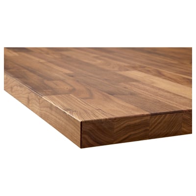 Smooth, polished wooden tabletop with rich, natural walnut grain. Visible edge, seamless finish, elegant design.