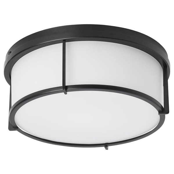 KATTARP ceiling lamp, black with frosted glass shade, round shape, modern design.