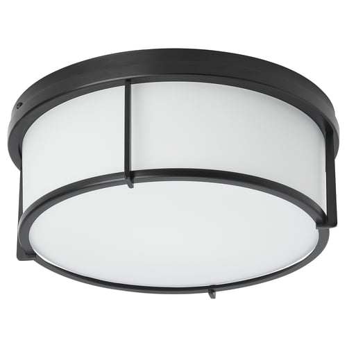 KATTARP ceiling lamp, black with frosted glass shade, round shape, modern design.