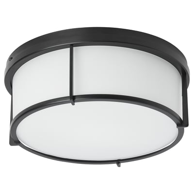 KATTARP ceiling lamp, black with frosted glass shade, round shape, modern design.