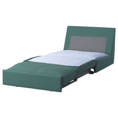 KIVIK teal sofa-bed; compact, fabric, soft, modern, reclining style.