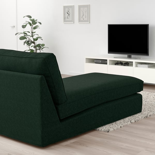 KIVIK dark green chaise, modern minimalist design, cosy fabric, large size by tv.