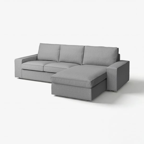 Modern grey l-shaped KIVIK sofa with removable armrests, cosy cushions, minimalist design.