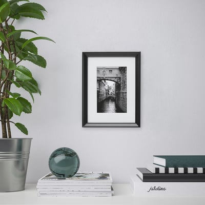 Framed black and white photo on wall with houseplant, books, and decorative sphere.