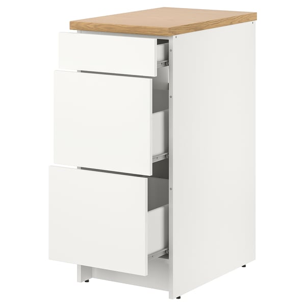 KNOXHULT white kitchen unit with 3 drawers and oak top; modern design.