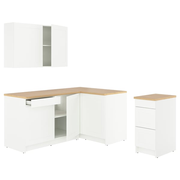 KNOXHULT white corner kitchen unit, oak countertop, durable melamine and laminate, efficient storage.