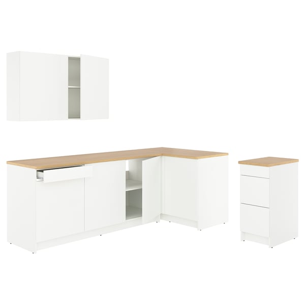 Modern KNOXHULT l-shaped kitchen with oak countertops and functional cabinets.