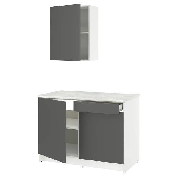 KNOXHULT kitchen set: white & grey cabinets, marble effect counter, open doors & drawer.