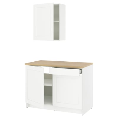 KNOXHULT white kitchen unit: base & wall cabinets, oak top, designado willow.