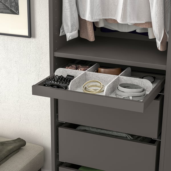 Open wardrobe organiser with felt dividers for jewellery, accessories, and small items.