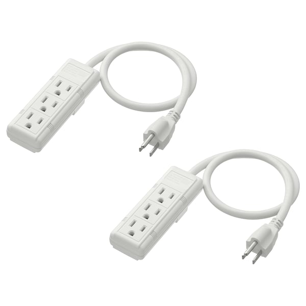 Image shows two white KOPPLA power strips with plugs, each having three outlets and 0. 5 metre long cables.