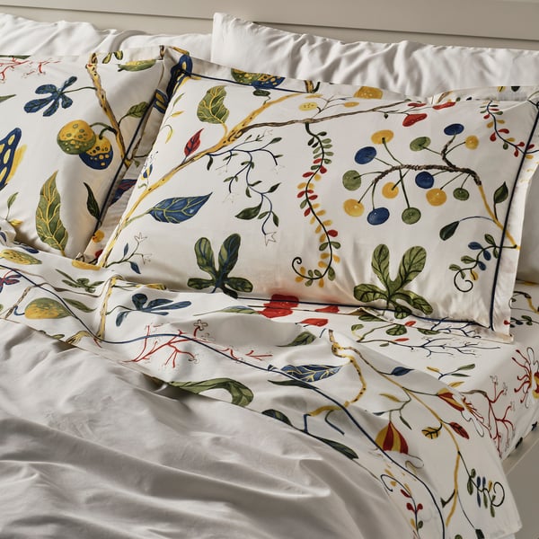 KRONBUSKE Sheet set, light beige/floral pattern, Queen