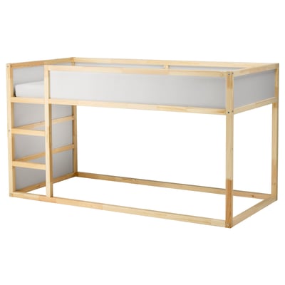 KURA light wood low raised bed, light natural wood colour, rectangular design.
