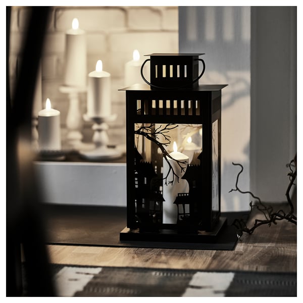 KUSTFYR Lantern for pillar candle, in/out, black, 17 ¼ "