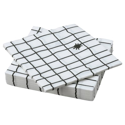 Halloween-themed stack of white, three-ply paper napkins with black grid and spider design.
