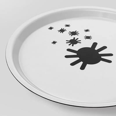 Spider-themed tray with stylized black spiders on white surface, designed for serving. High-quality, durable melamine material.