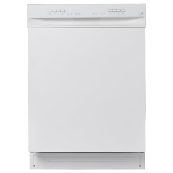 A white dishwasher with a control panel on top.