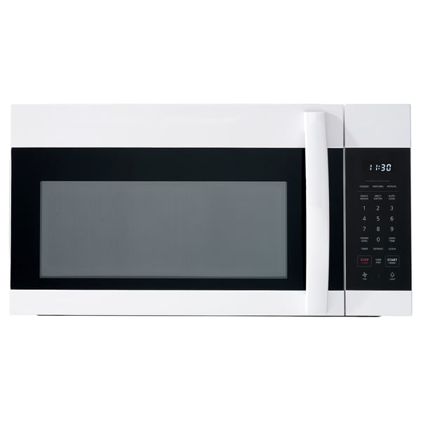 White over-the-range microwave with black control panel and digital clock.