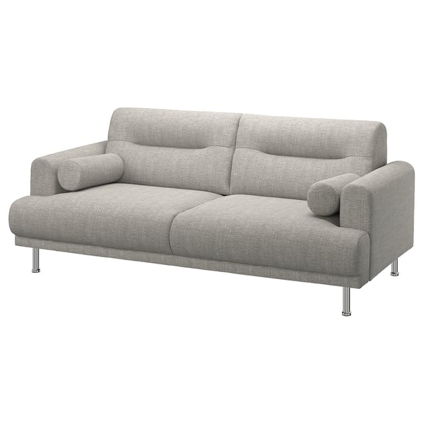 Modern grey LÅNGARYD sofa with round, soft shapes, chrome legs, and fixed cover, perfect for comfort and style.