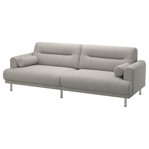 LÅNGARYD sofa, light grey, soft texture, rounded shape, chrome legs, cosy design.